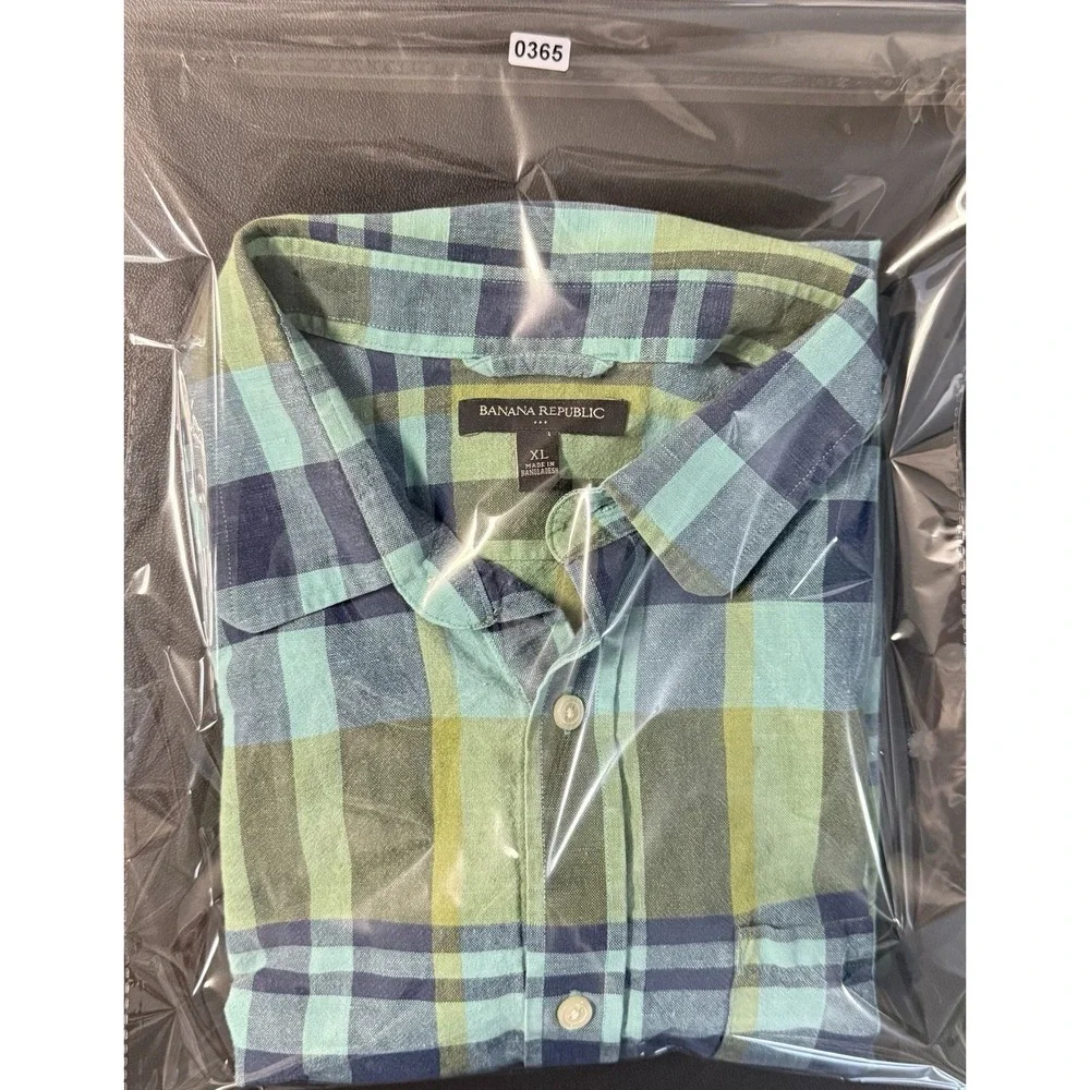 Banana Republic XL Plaid Short Sleeve Button Front Shirt Green Blue